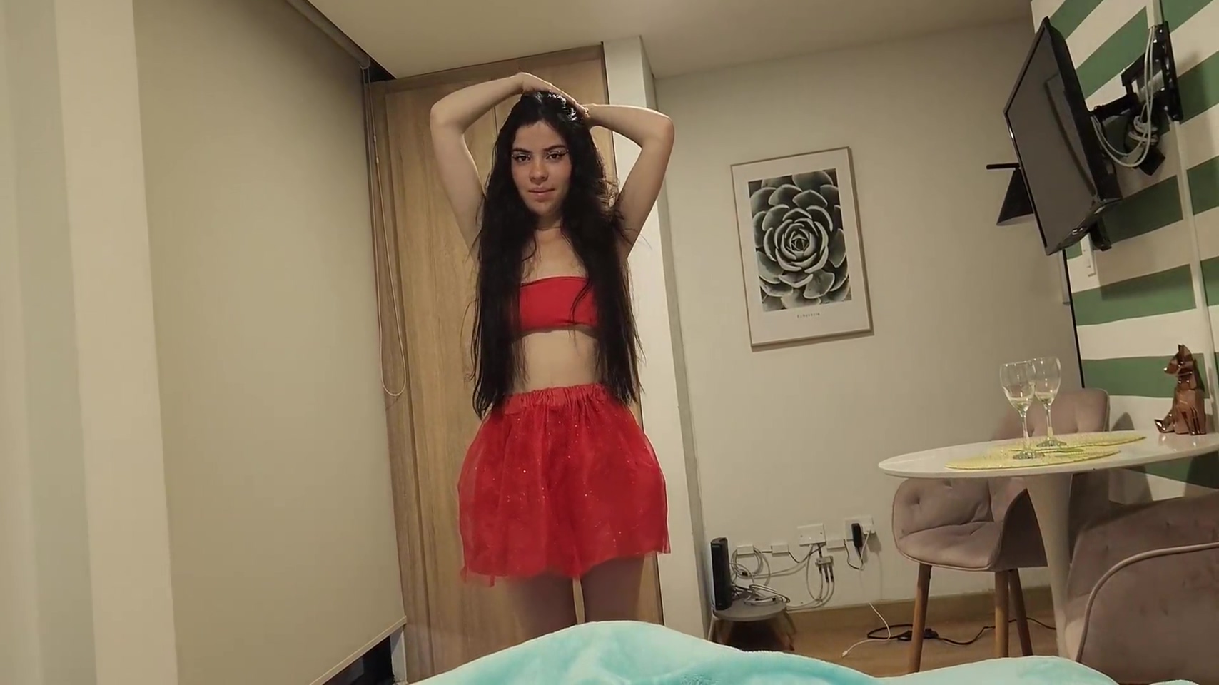 jopy laura in beautiful woman in a red skirt and without underwear, wants to be fucked as a christmas gift 18 min video poster