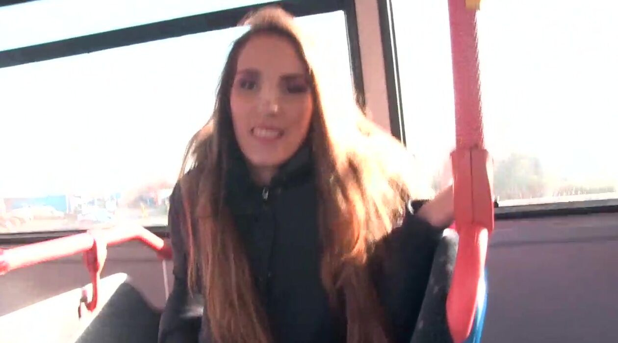 la bella blonde first pisses on the bus showing her poster