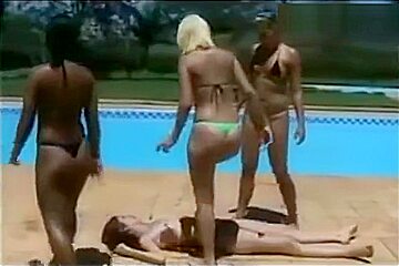 lesbian three on one trampling by the pool poster