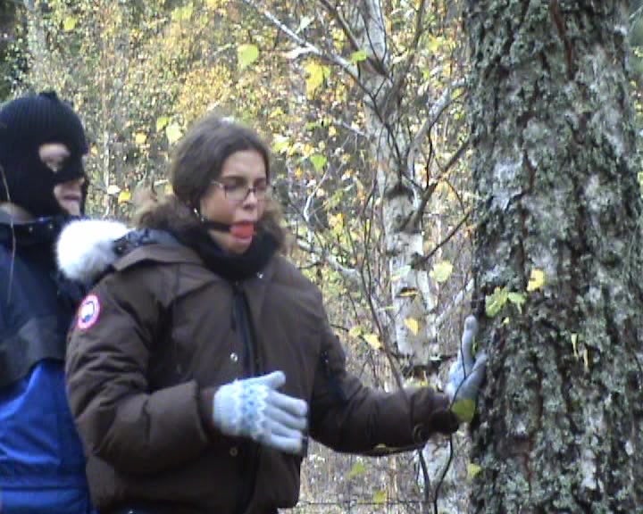 submissive gagged librarian gives a deep blowjob in the forest poster